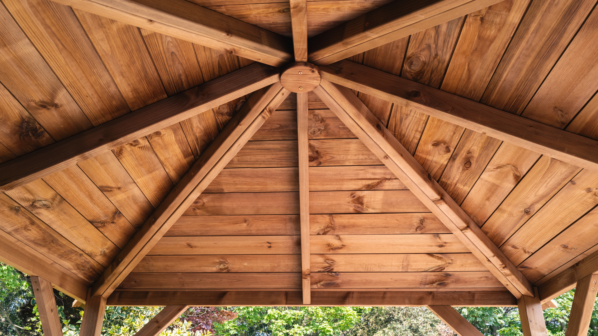 The wooden ceiling of a gazebo that our team installed in Nazareth, PA. 