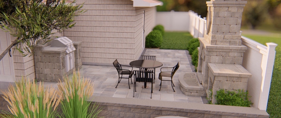 3D rendering of fireplace and patio design in Clinton, NJ.