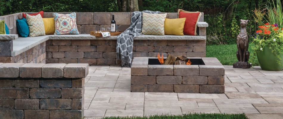 Paver fire pit kit from Belgard built on patio in Bethlehem, PA.